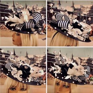 Navy and White Striped Floral Fascinator Hat for Women